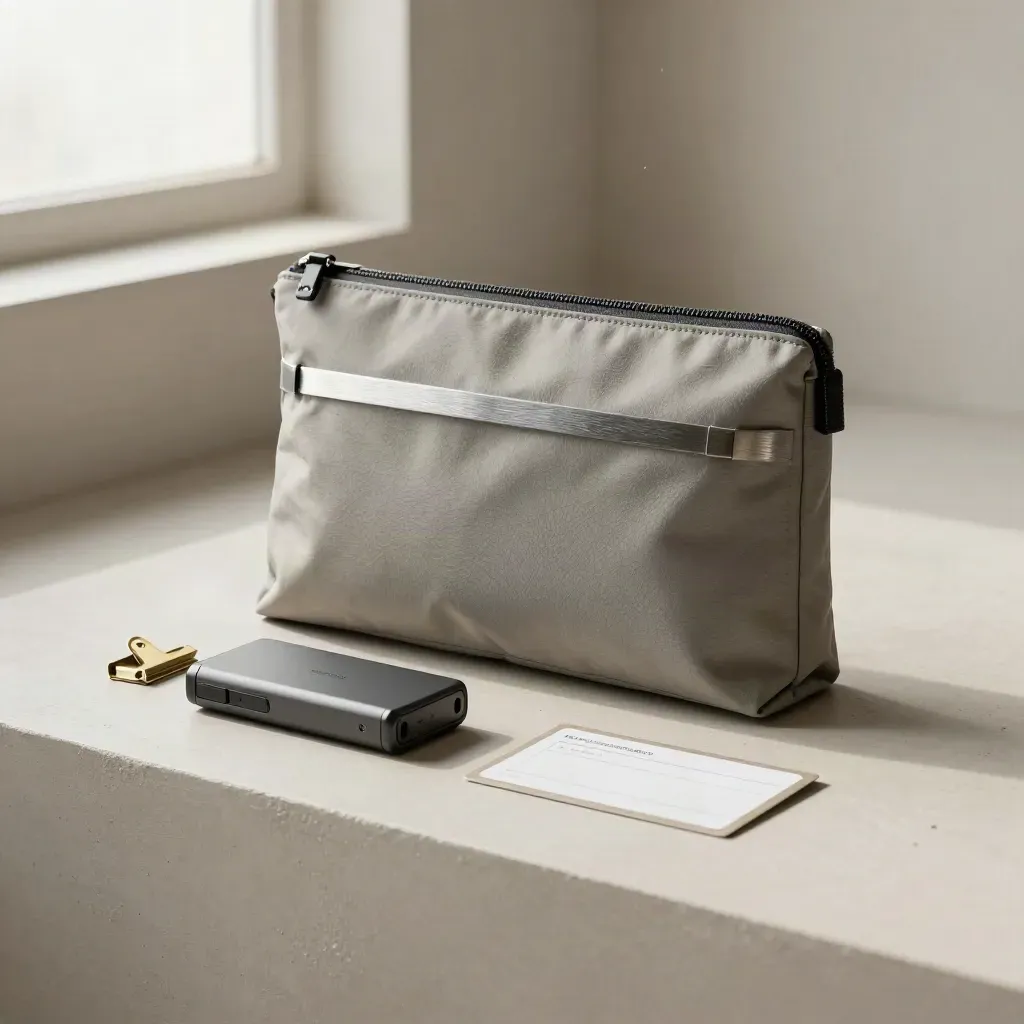 Pouch z projektem, etui na certyfikat i dysk na jasnym, kamiennym tle.