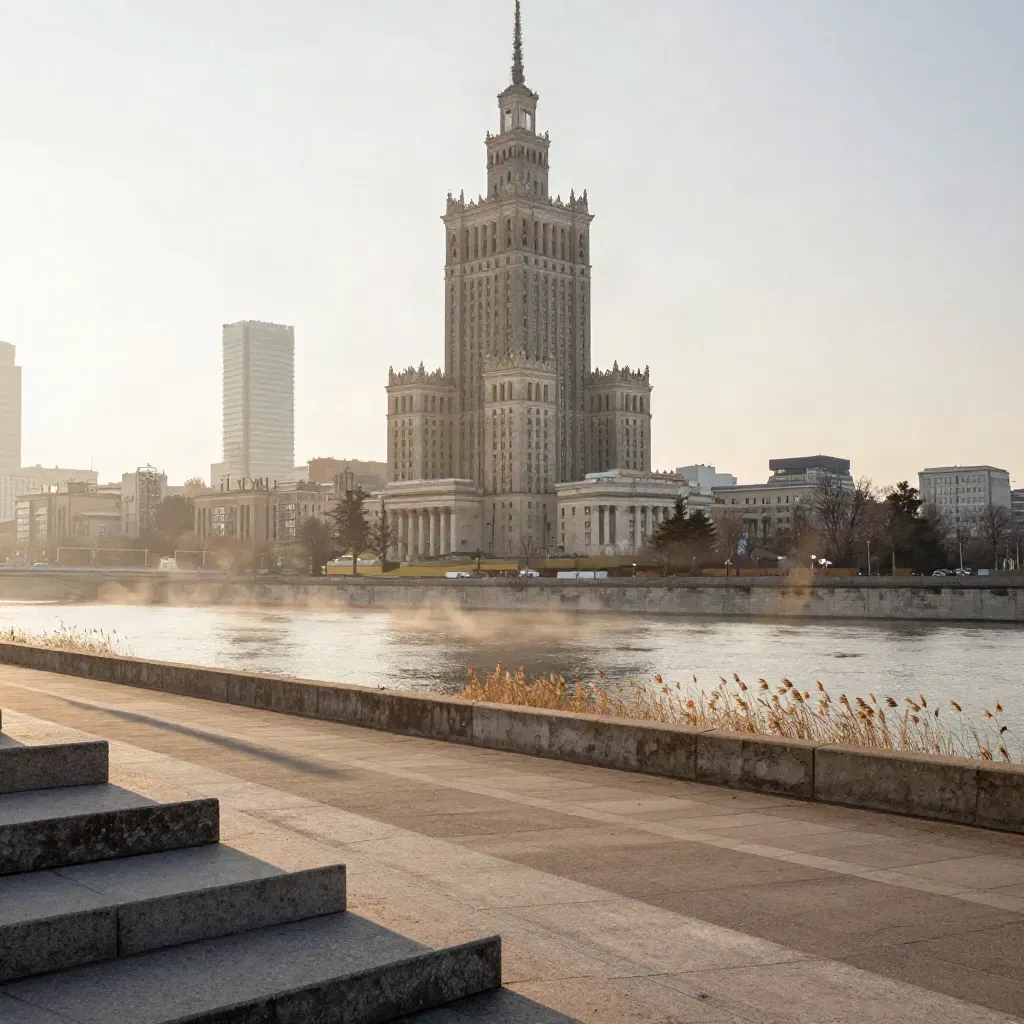 Warszawa nad Wisłą, Pałac Kultury i Nauki w wieczornej mgle