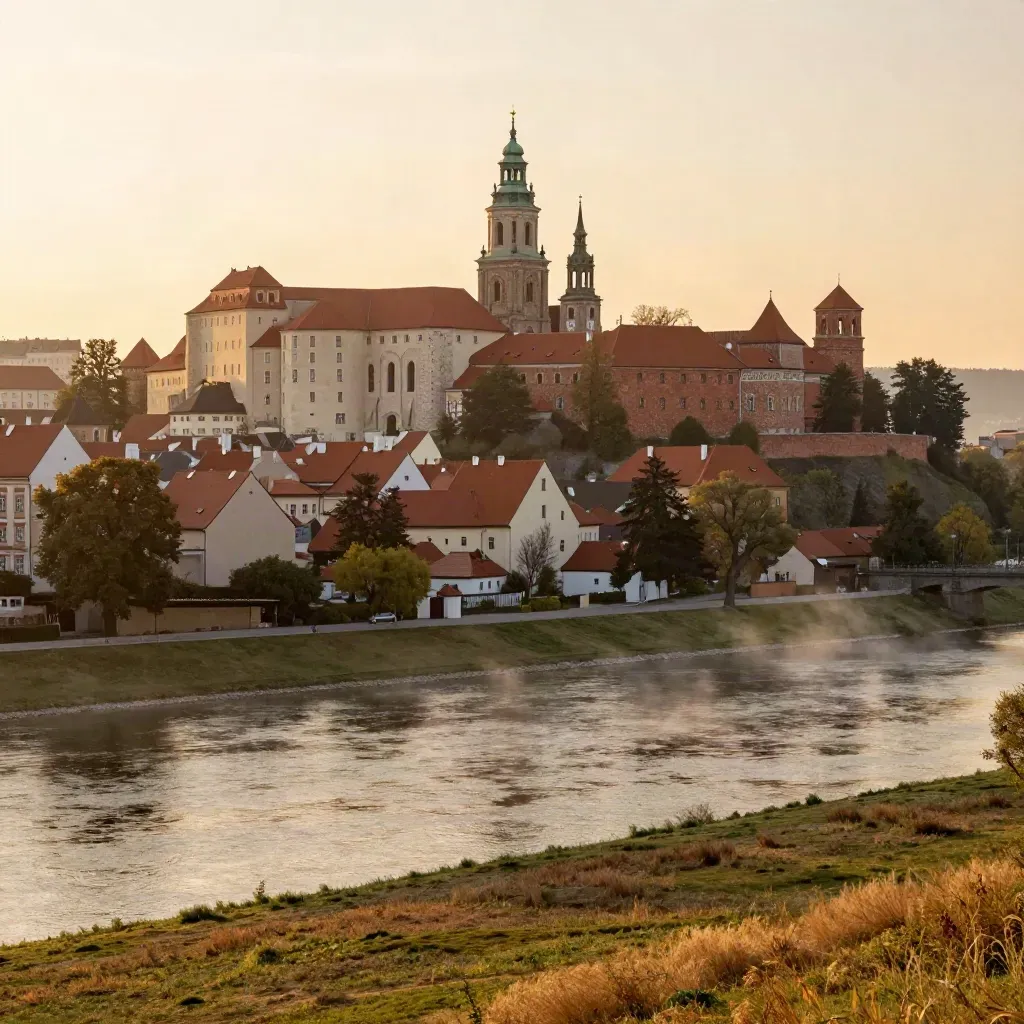 Małopolskie: Wawel i dachy Krakowa w złotym świetle nad mglistą Wisłą
