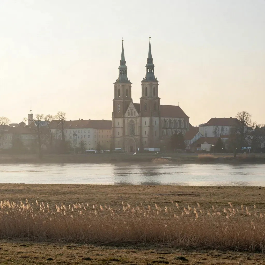 Wieże katedry w Poznaniu nad spokojną doliną Warty o zmierzchu we mgle.