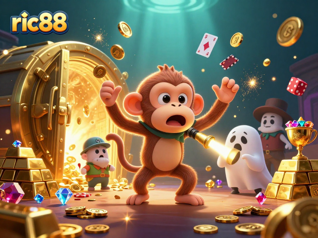 Experience the enchantment at ric88 with a playful poltergeist monkey juggling golden casino treasures.