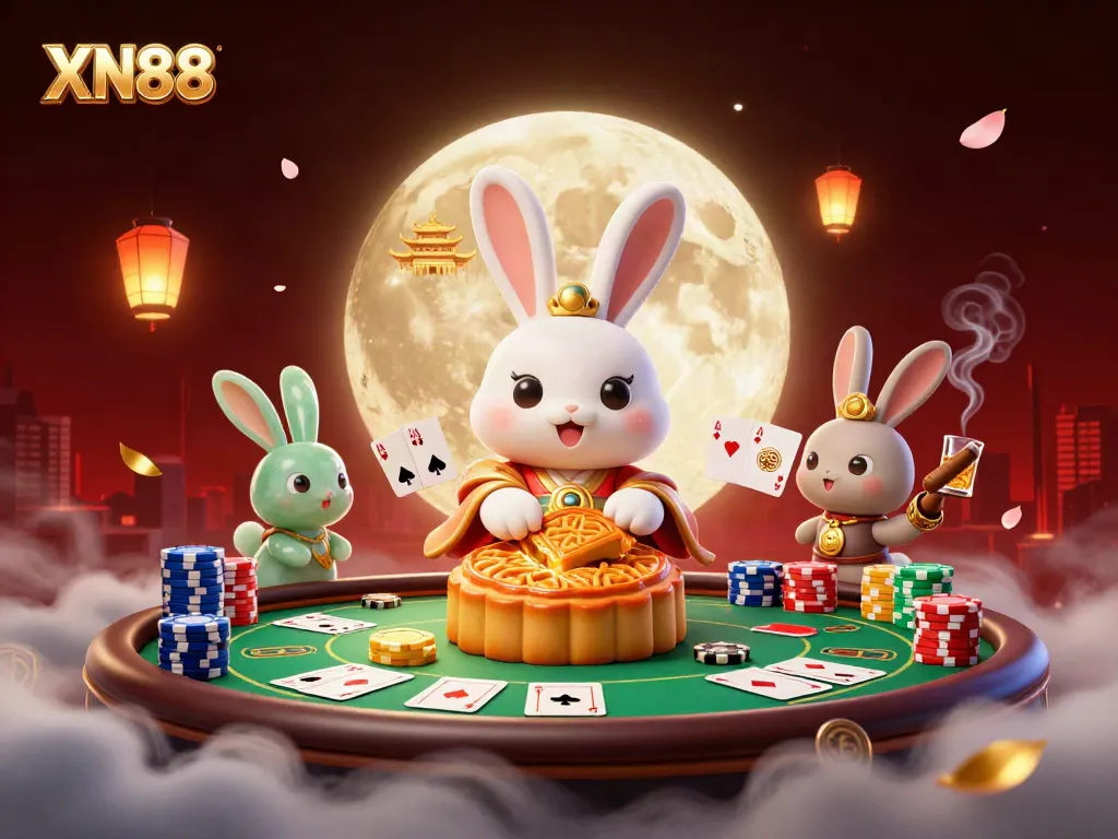 Xn88 casino illustration featuring the moon rabbit with poker chips, dynamic game elements, and rich background.