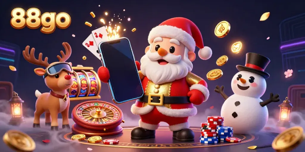 Celebrate with 88go in this vibrant casino scene featuring Santa, a reindeer dealer, and a poker chip snowman!