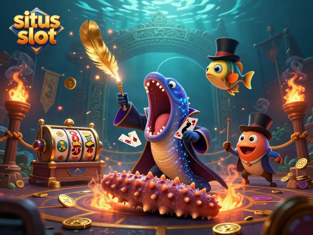 Situs slot themed illustration with sea creatures and dynamic casino elements showcasing a vibrant underwater magic act.