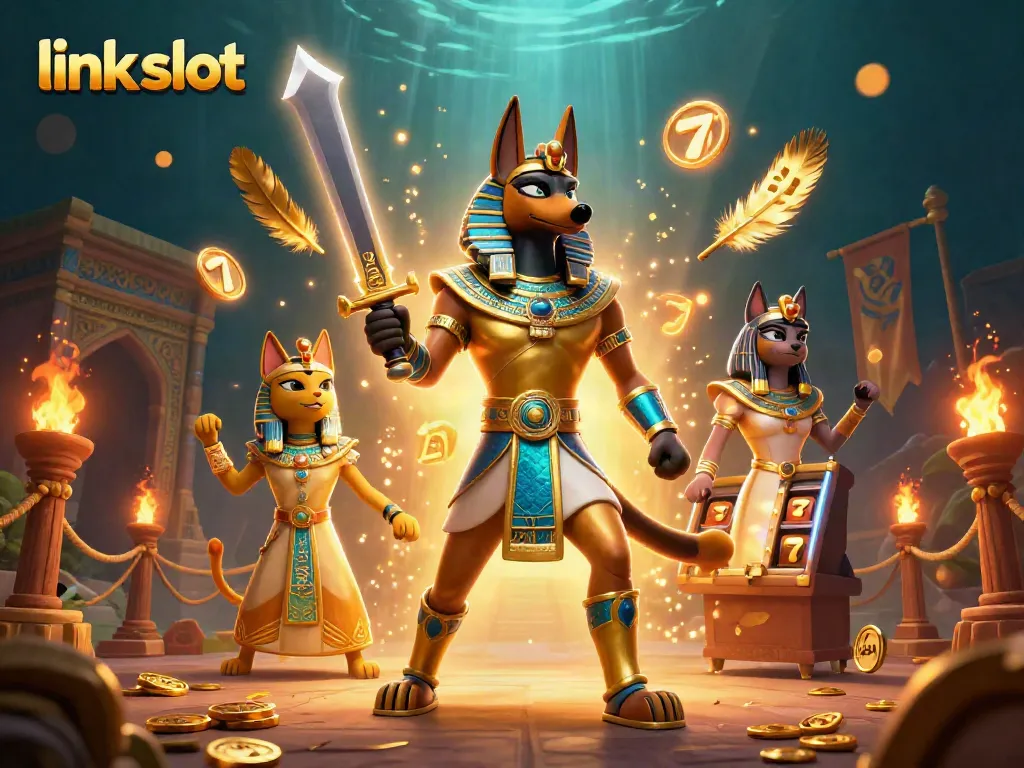 Spin and win with the link slot featuring Anubis and Bastet in a vibrant casino scene.