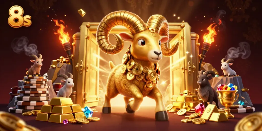 Experience thrilling gaming with the 8s casino featuring vibrant gold elements and dynamic characters.