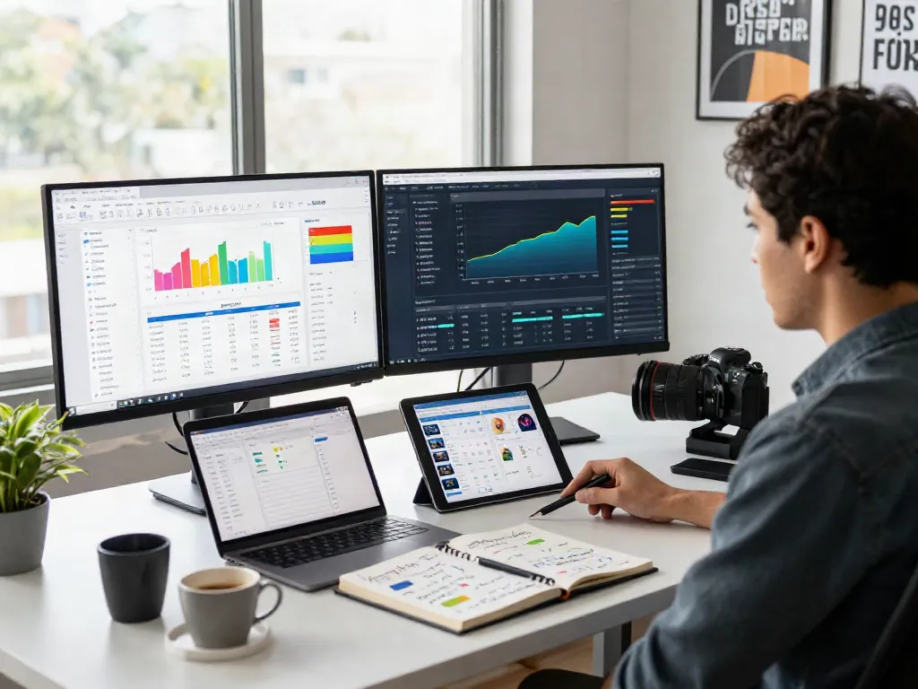 Digital marketing workspace showcasing analysis of pecah 404 website data with vibrant analytics and dashboards.