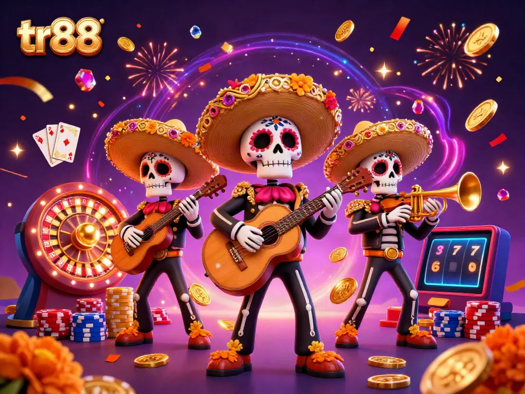 Experience the vibrant gaming energy at tr88 with a festive mariachi band illustration, spinning roulette wheels, and flying coins.
