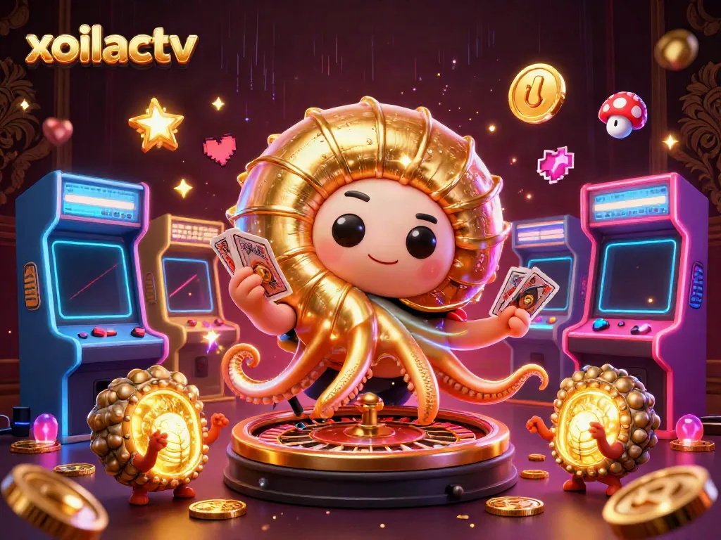 Compete in thrilling games at xoilactv featuring a nautilus roulette wheel and glowing arcade elements.