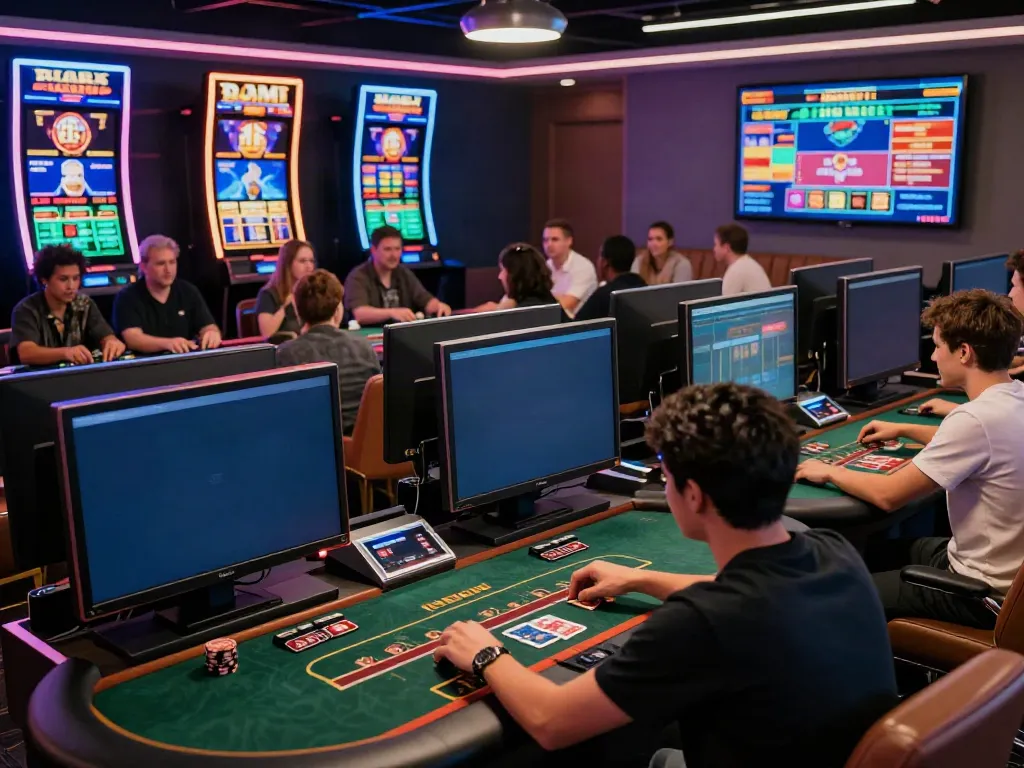 A dynamic online gaming scene at https://man881.jp.net/ featuring enthusiastic players engaged in poker and slots within a vibrant digital interface.