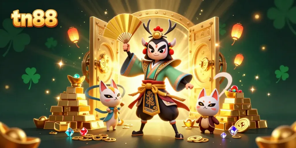 Spin jackpots and win big in luxurious tn88-themed casino, featuring golden treasures and vibrant characters.