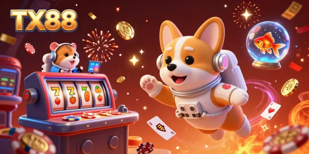 Experience the TX88 casino with the astronaut corgi amidst floating poker chips and slot reels.