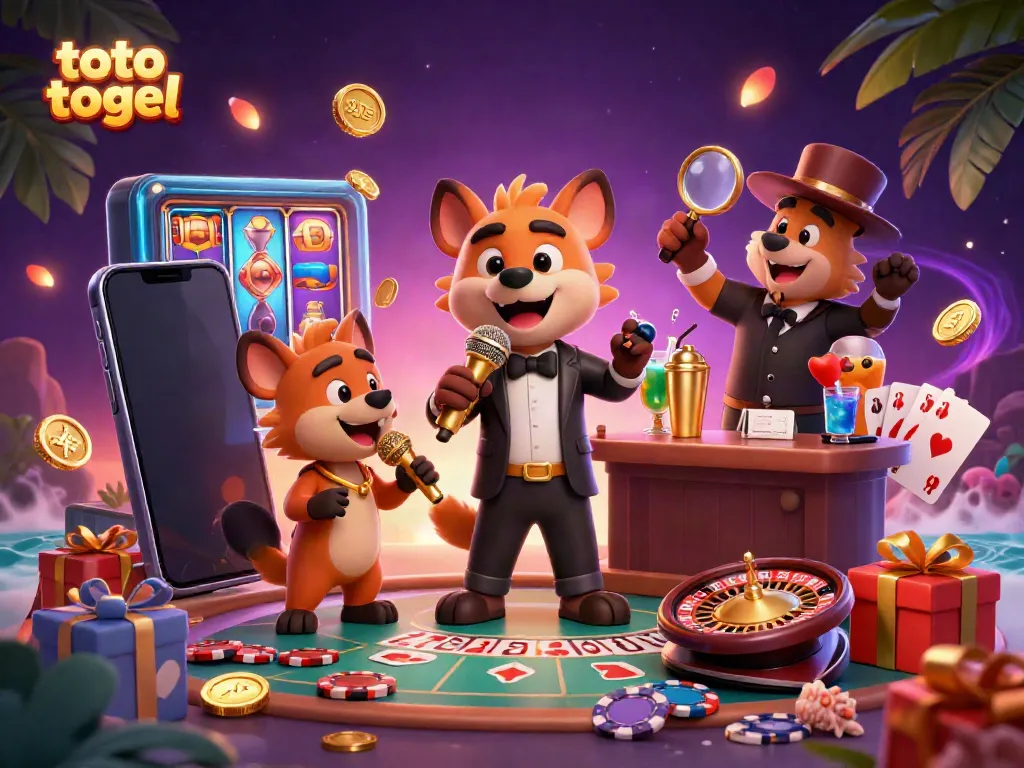 Mengganti angka toto togel dengan suasana kasino yang penuh warna dan humor dalam ilustrasi 3D.