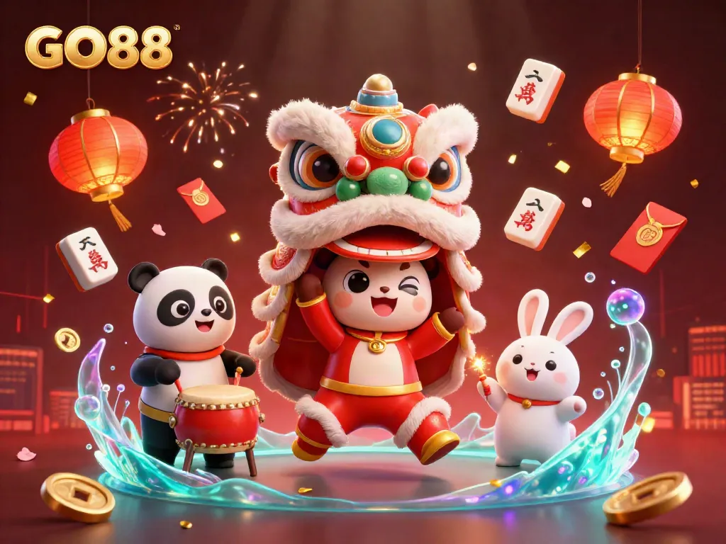 Experience the excitement of GO88 with a vibrant lion dance scene, featuring joyful characters and floating casino elements.