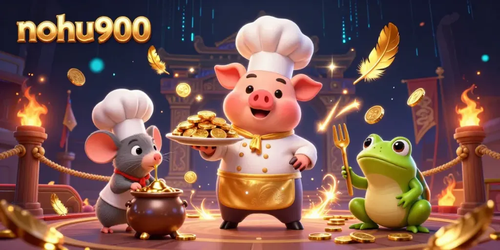 Experience the thrill of nohu900 with gold coins, a chef pig, and vibrant casino elements.