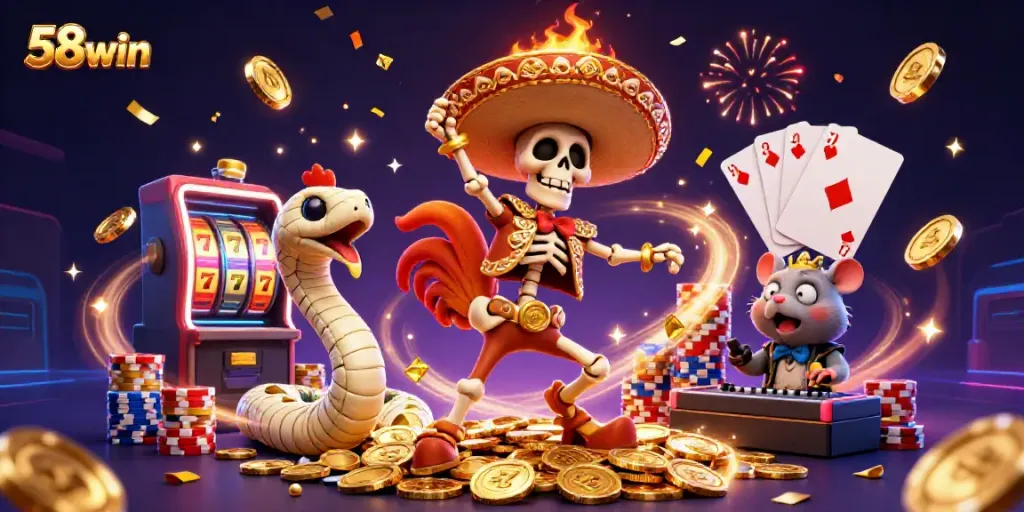 Engage in thrilling casino action at 58win with vibrant 3D characters dancing on golden coins.
