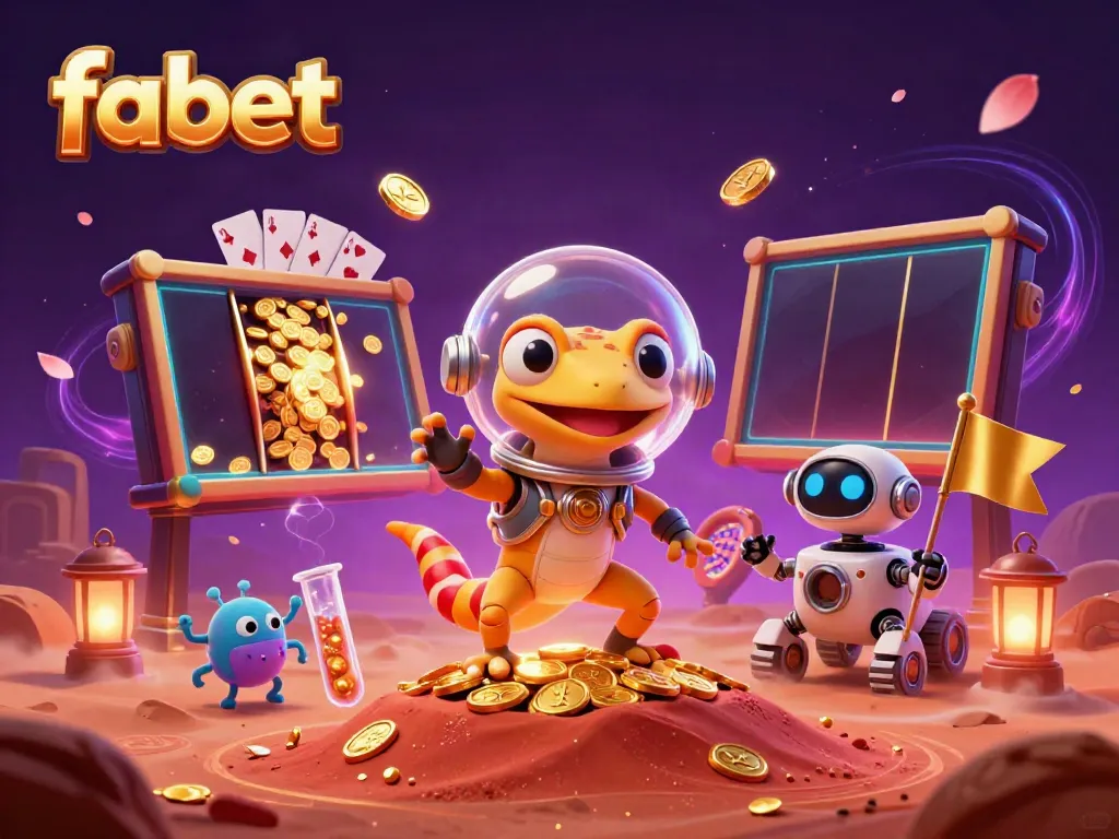 Experience fabet in a vibrant 3D casino scene with a Martian gecko and robot rover exploring a golden world.