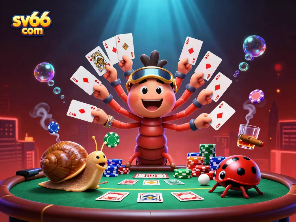 Engage in thrilling gameplay at sv66 com with a colorful 3D casino scene featuring a millipede dealer and unique gambling elements.