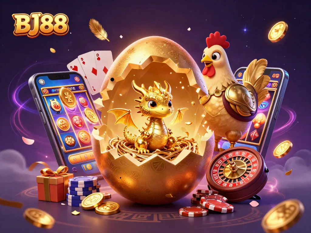Experience thrilling gameplay at BJ88 Casino with a golden dragon amidst poker chips and dynamic slots.