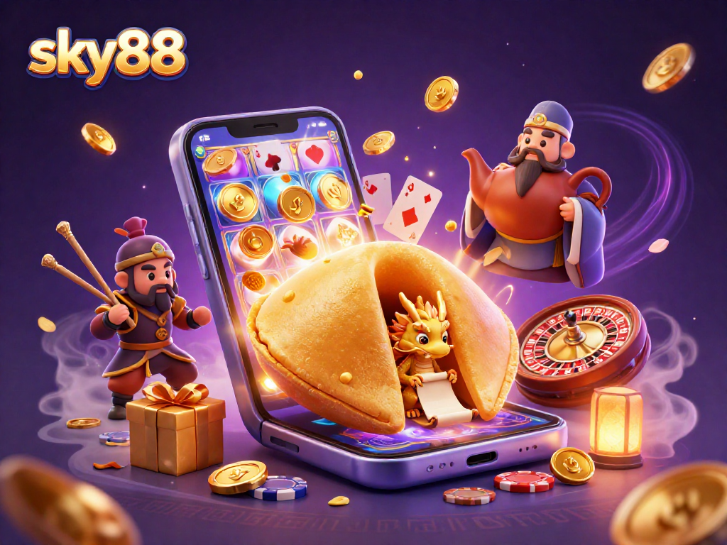 Engage with sky88 and immerse in a vibrant 3D casino scene filled with golden luck!