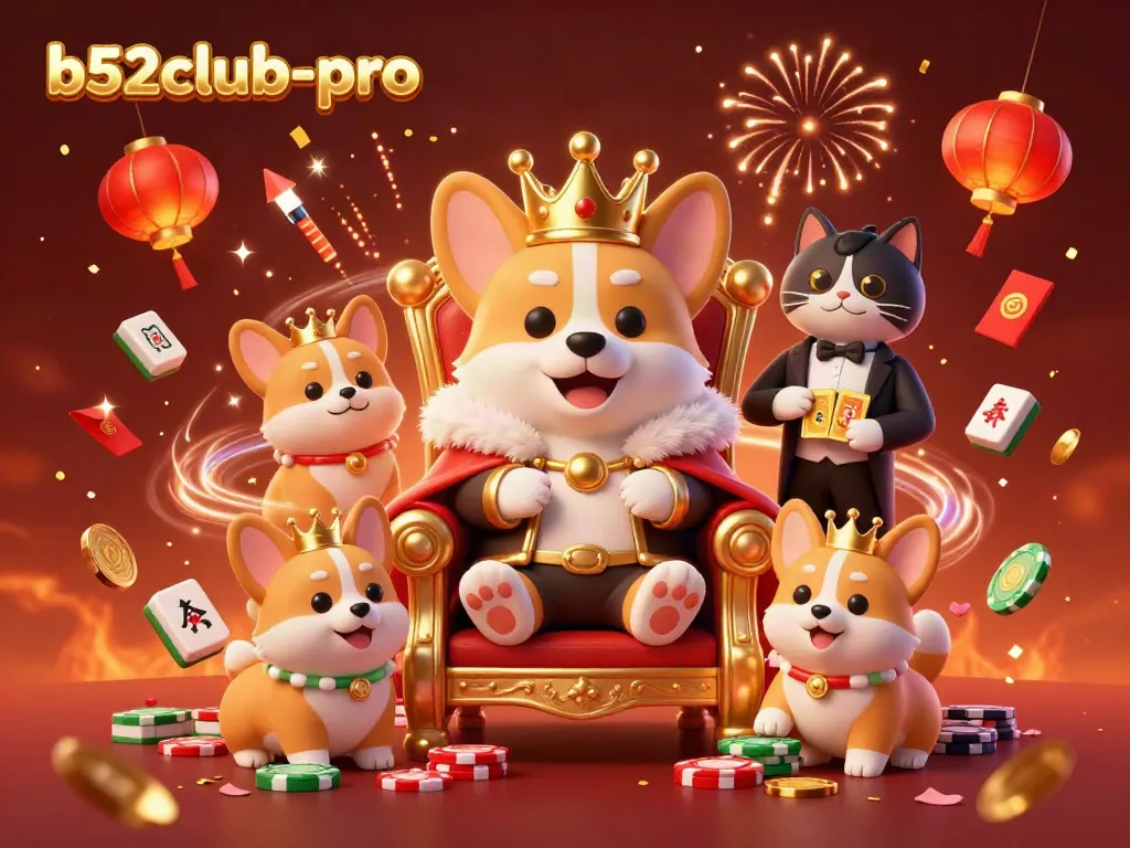 Engage with b52club-pro's vibrant casino scene featuring a crowned corgi and lucky charms.