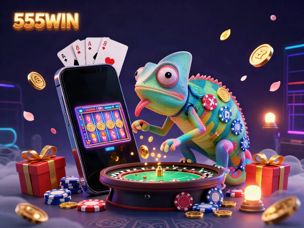 Win exciting rewards at 555WIN with vibrant casino games showcased by a colorful chameleon character.
