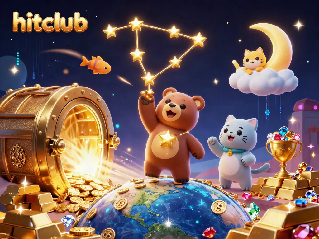 Engage with hitclub's fantastic world, where constellation bears scoop coins as treasures burst from vaults.