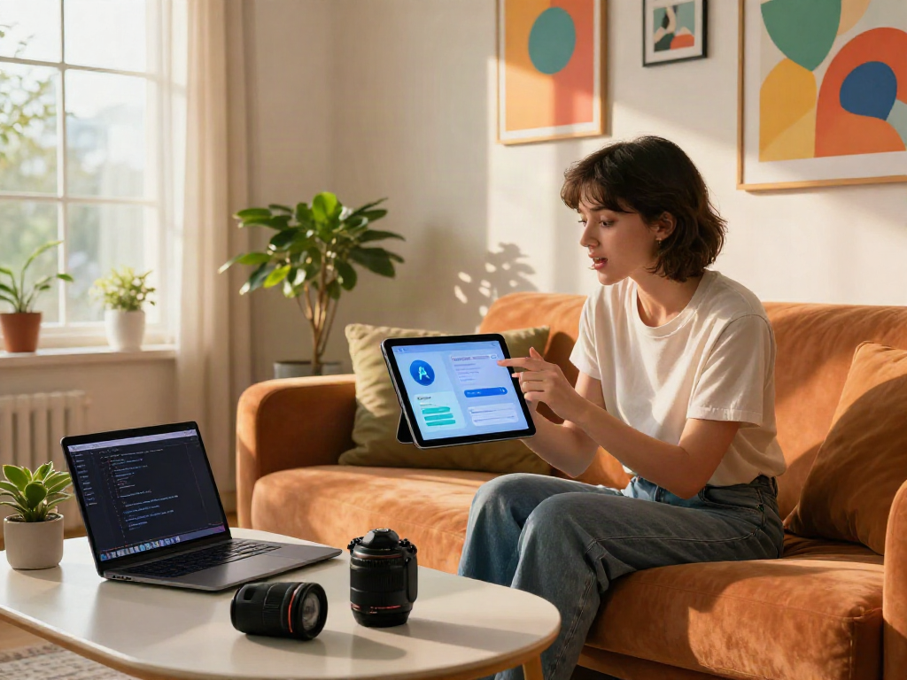Engaging woman using an AI chat nsfw application on a tablet in a modern living room.