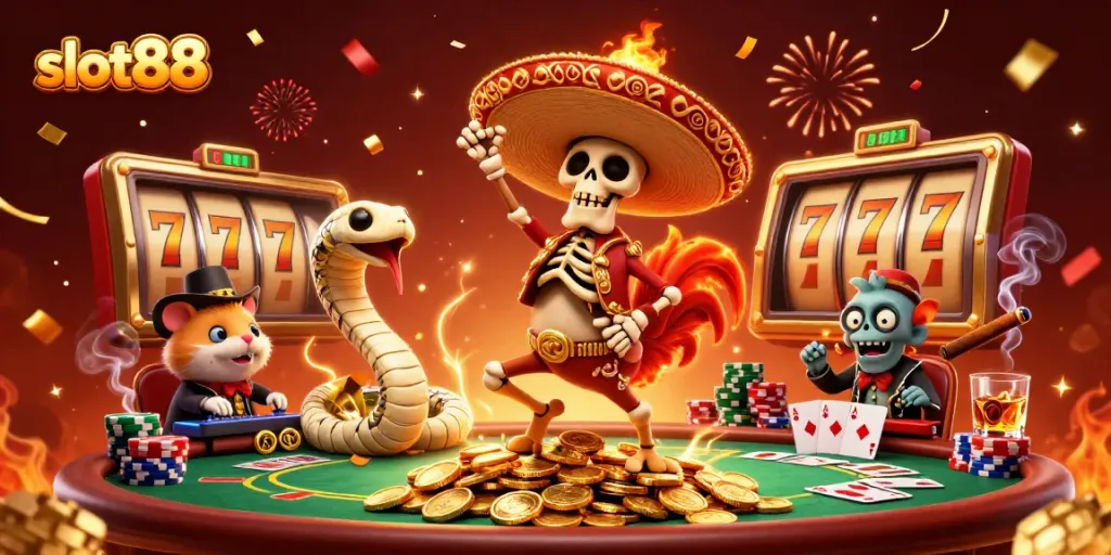 Simbol Slot88 di tengah pesta kasino meriah dengan efek dramatis dan karakter yang penuh warna.