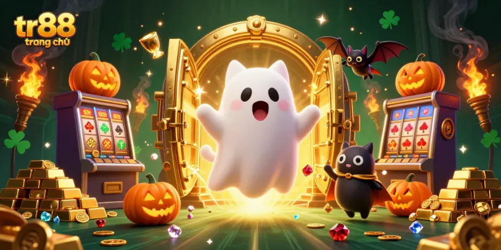 Engage with tr88 trang chủ in a vibrant casino scene featuring a ghost cat, bat, and glowing jack-o-lanterns.