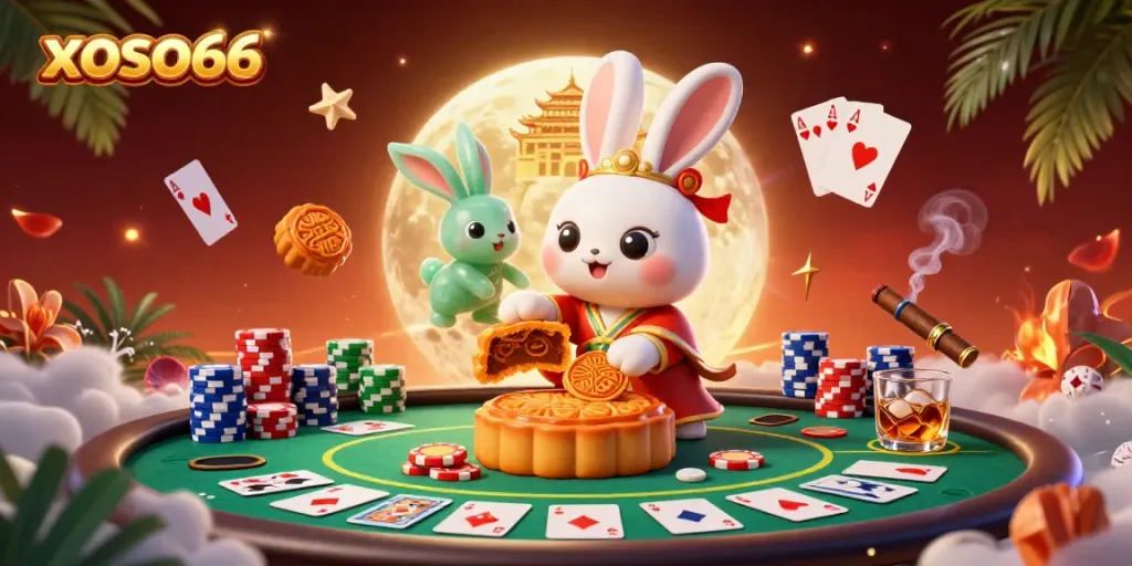 Experience gaming excitement at xoso66 with a lively illustration featuring a moon rabbit and poker fun.