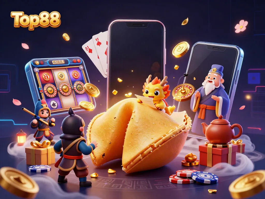 Experience the magic of Top88 with a dynamic 3D casino scene featuring fortune elements and games.