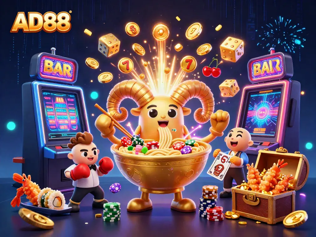 Engage with AD88's exciting casino world featuring animated characters, vibrant games, and dynamic action.