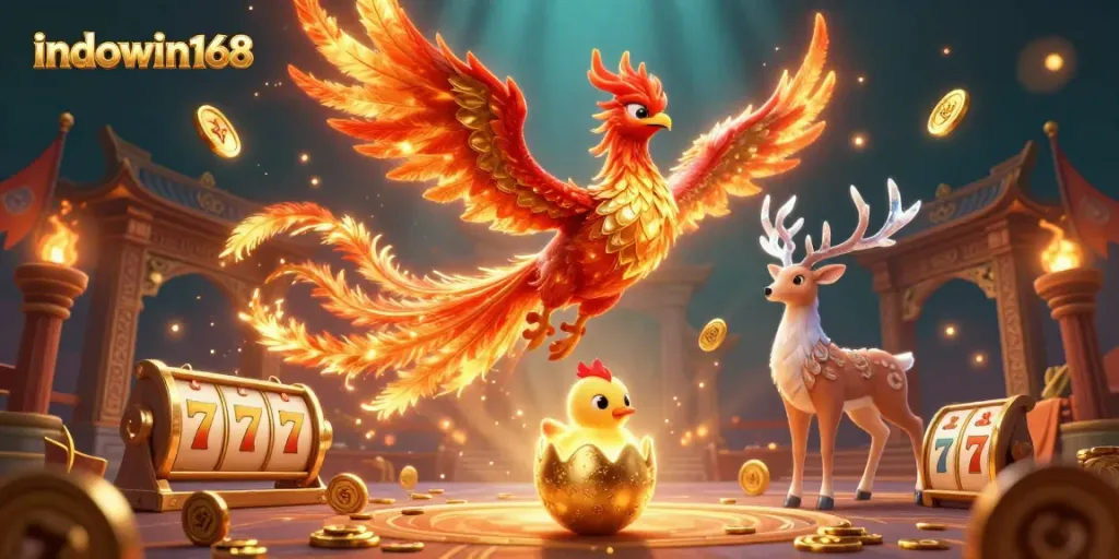 Experience the thrill of indowin168 with this enchanting illustration featuring a fire phoenix and dynamic slot elements.
