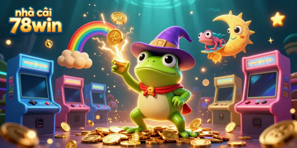 Engage with nhà cái 78win through an exciting scene of a frog wizard and a chameleon amid golden gaming elements.