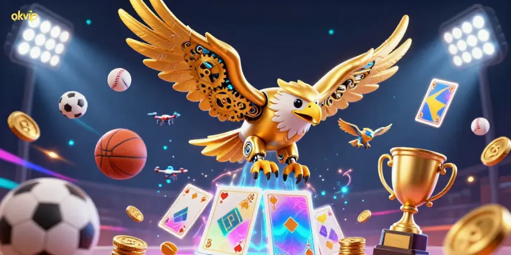 Experience the thrill of betting with okvip, featuring a cybernetic eagle soaring over dynamic gaming elements and sports balls.
