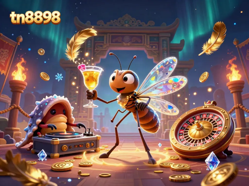 Engage with tn8898 in a lively casino scene featuring a mosquito mascot and unique game features.