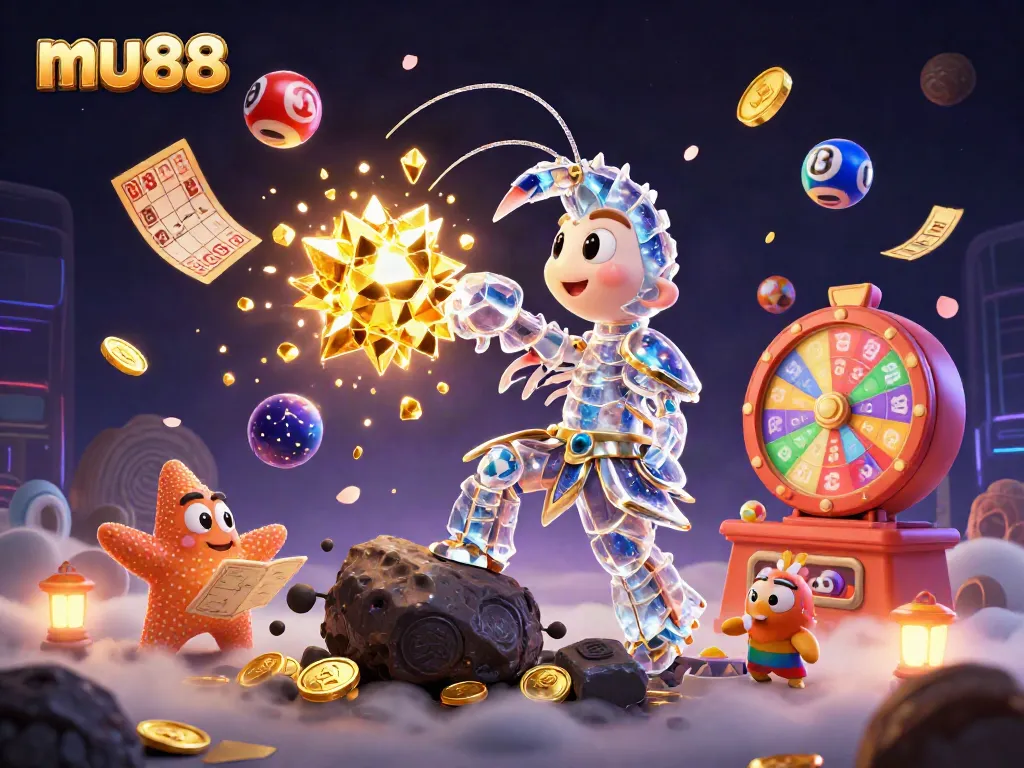 Experience thrilling gaming adventures with mu88 as a galactic mantis shrimp battles through golden gems and coins.