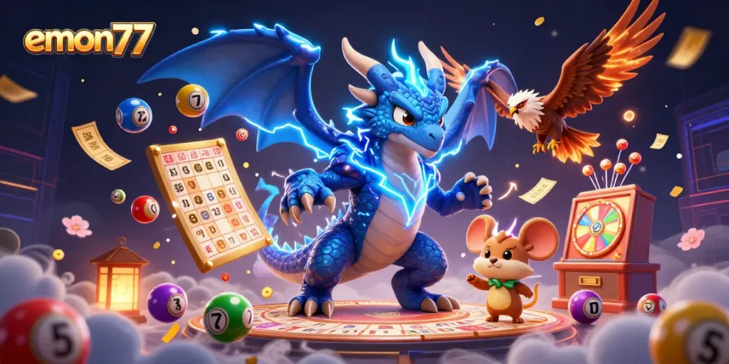 Engage with emon77's vibrant casino games featuring a thunder dragon, hawk, and lottery action.