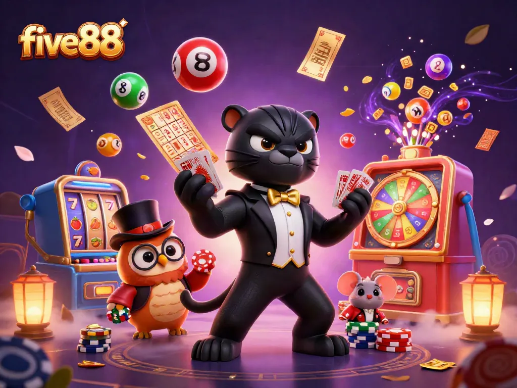 Engage in thrilling games at five88 with vibrant characters, poker chips, and dynamic lottery elements