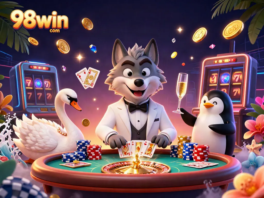 Experience the excitement of 98win com with vibrant casino characters and games in a 3D illustration.