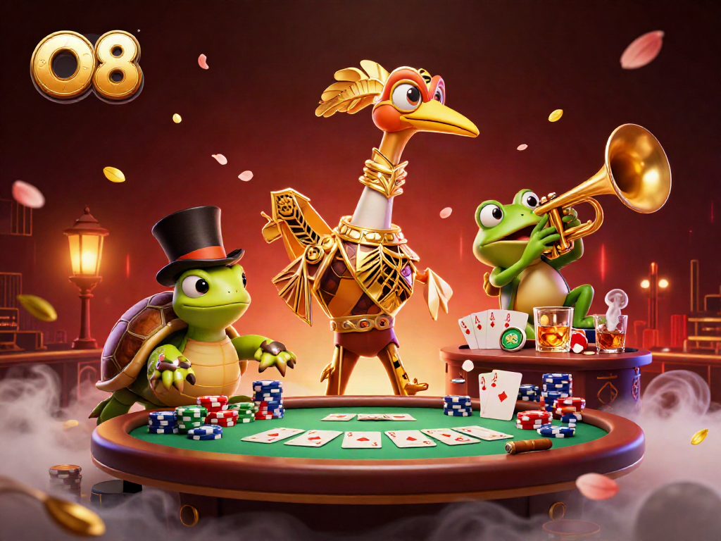 Engage with the O8 experience through a lively 3D casino illustration showcasing dynamic characters in a vibrant setting.