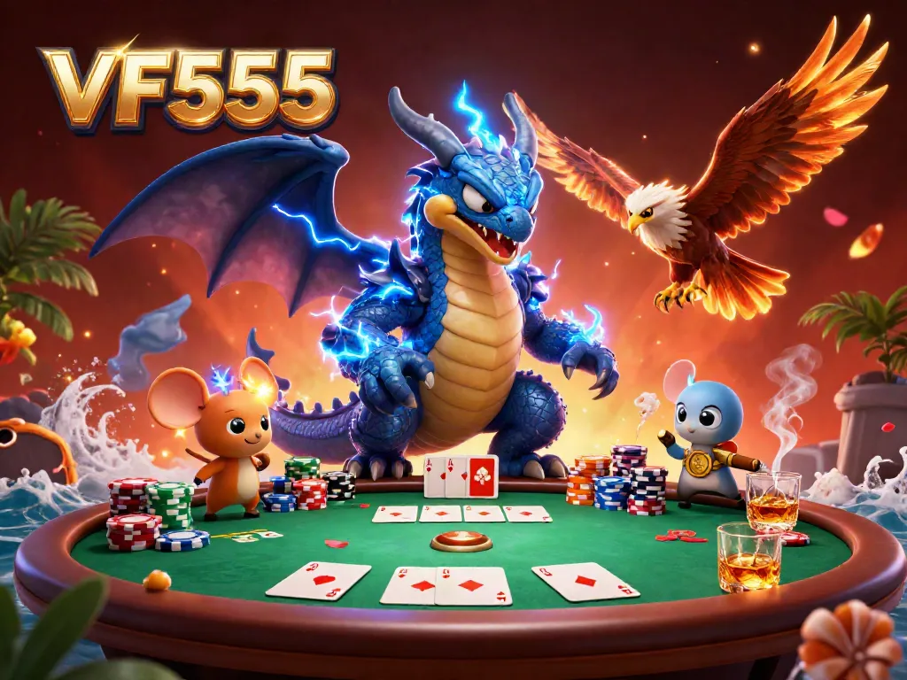 Engage in thrilling poker action with the VF555 characters in an energetic casino scene.