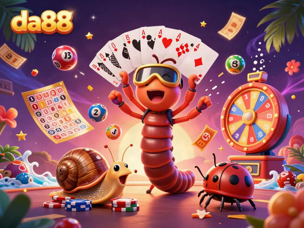 Experience the thrill of da88 with a vibrant casino scene featuring a lively millipede dealer and high-roller snail.