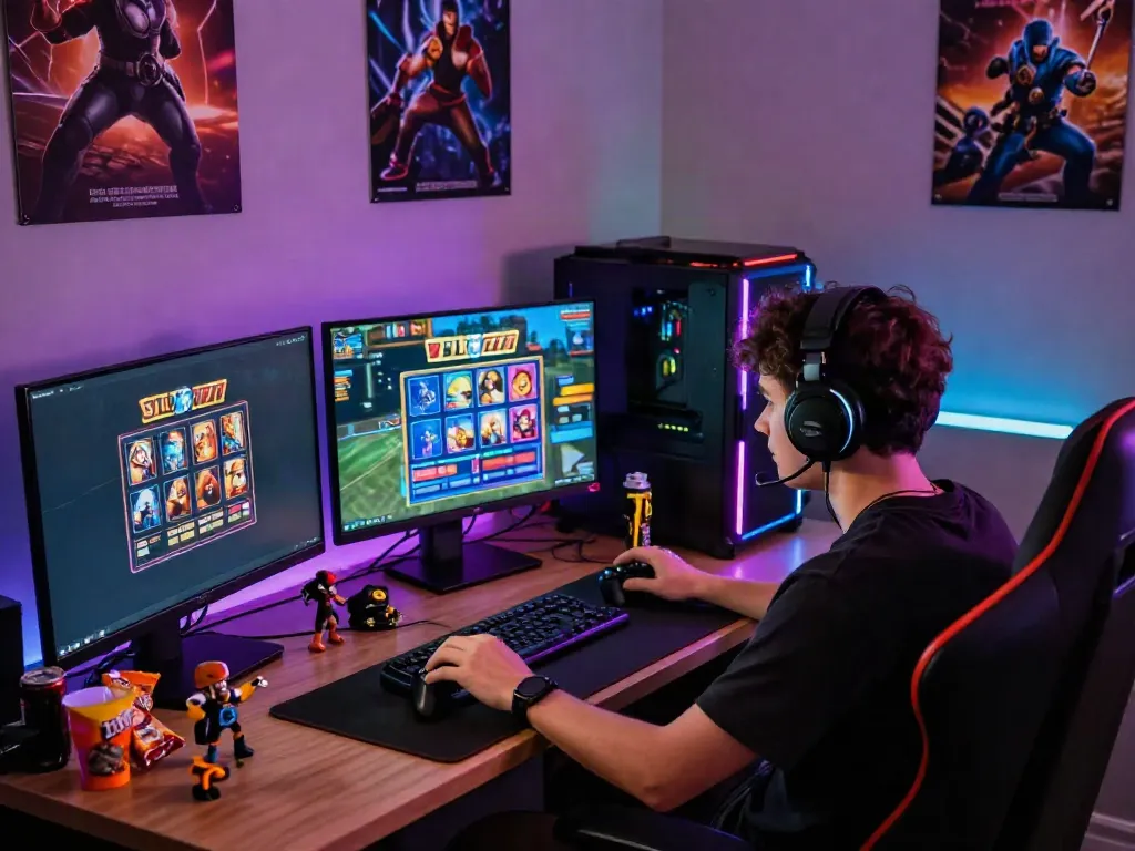 Engaged gamer playing slot777 games in a modern gaming setup with vibrant lighting and multiple monitors.