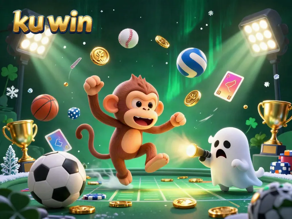 Experience the excitement of ku win with a ghost-hunter puppy tracking a mischievous poltergeist monkey in a lively casino scene.