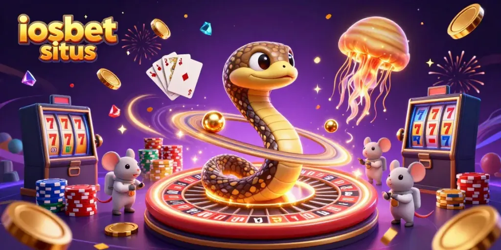 Gambarlah suasana meriah dari iosbet situs dengan karakter ular Saturnus, perjudian, dan keberuntungan.