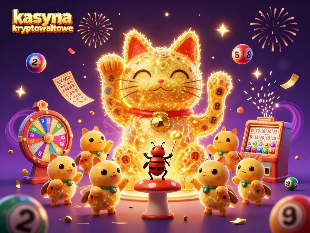 Experience the thrill of kasyna kryptowalutowe through a dynamic 3D illustration depicting a lucky cat and lively casino elements.