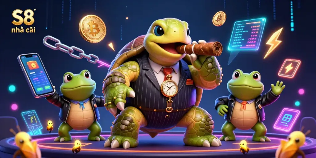 Spin and win with S8 nhà cái amidst a vibrant 3D casino illustration featuring unique characters and crypto elements.