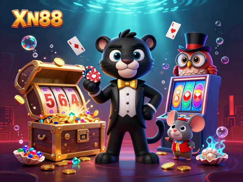Experience XN88 with vibrant slot machines and animated casino characters in an engaging underwater scene.